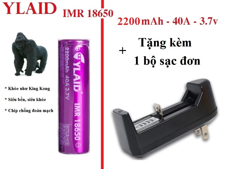 Combo bộ Pin 18650 YLAID IMR 3.7v, 2200mAh + Bộ Sạc Chuyên Dụng , Pin Sạc Lithium sạc nhiều lần, độ xả lớn 40A - Hàng Chuẩn Hãng ( Authentic ) - - dùng cho Box sạc, cell laptop, đèn pin, mic, đồ công nghiệp...