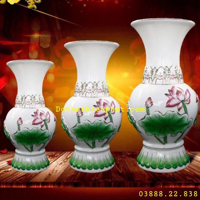 Bình bông hoa sen hồng kim sen sứ cao 23cm