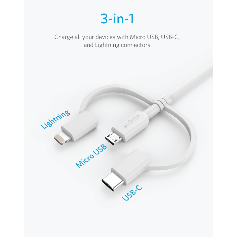 Cáp 3in1 Anker A8436 Powerline II 0.9M (Lightning - Type C - Micro USB)- BH 18 tháng
