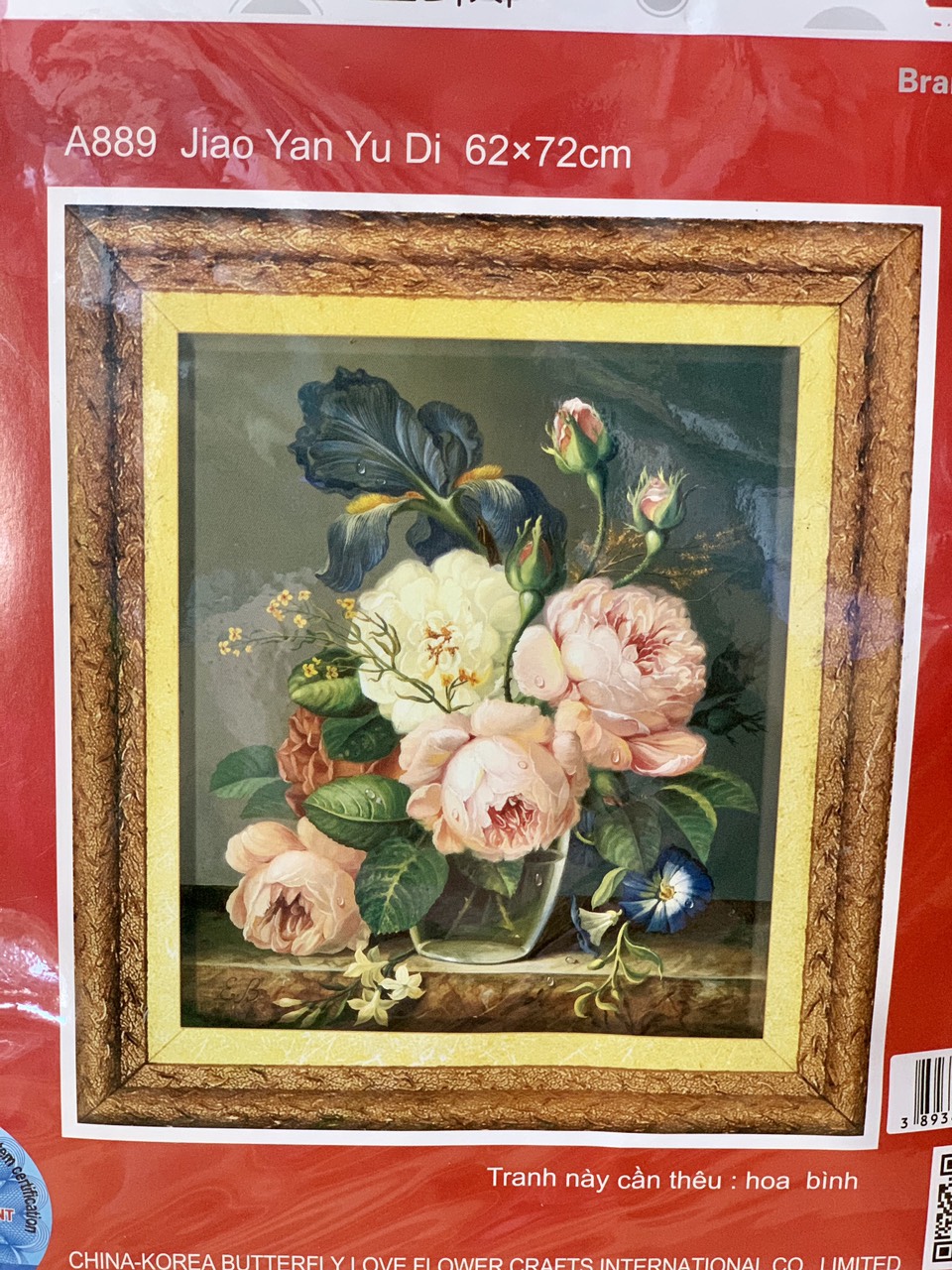 Tranh thêu BÌNH HOA MẪU ĐƠN 62x72cm chưa thêu 3d a889