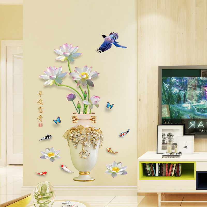 Decal dán tường bình hoa sen trắng 3D SK 9373