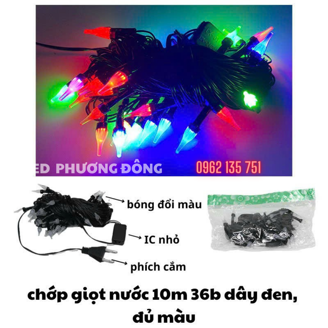 Dây đèn led chớp giọt nước 10m - 36 bóng dây màu đen - trắng