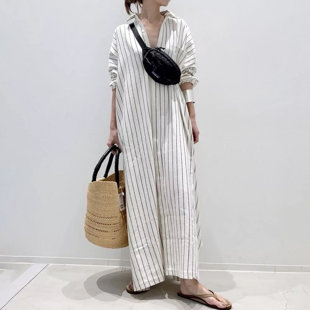 Váy maxi sọc cotton dáng rộng, tay dài