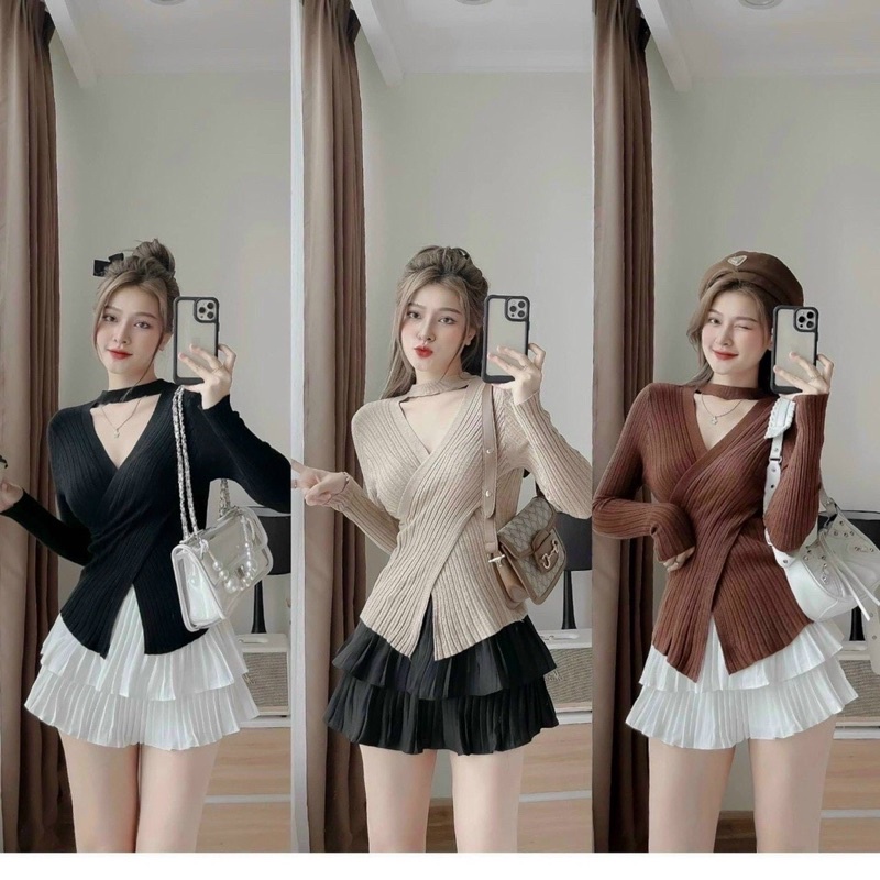 Áo thun gân xinh xinh nữ chéo tà cổ tim be be be2