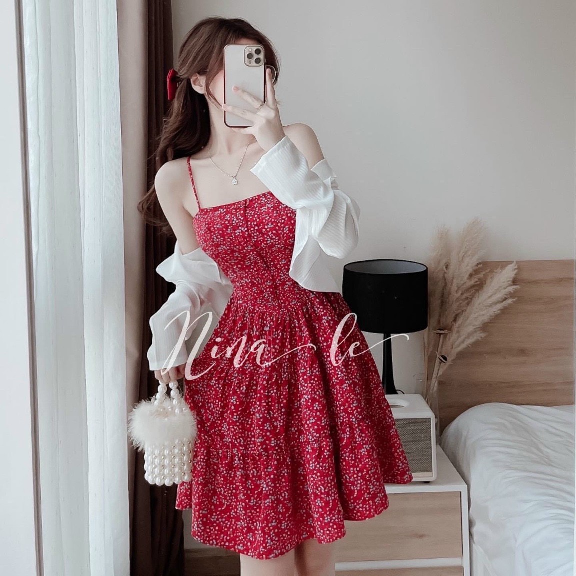 Sét đầm hoa nhí 2 dây xếp ly kèm áo khoác ngoài chất liệu thun gân siêu xinh mondx39