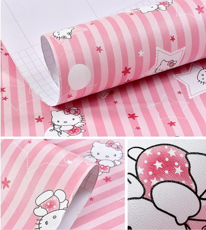 [HCM]Cuộn 5m decal giấy dán tường Kitty SỌC HỒNG khổ 45cm keo sẵn dán 2.25 mét vuông. Chất liệu PVC không thấm nước bền màu không độc hại.