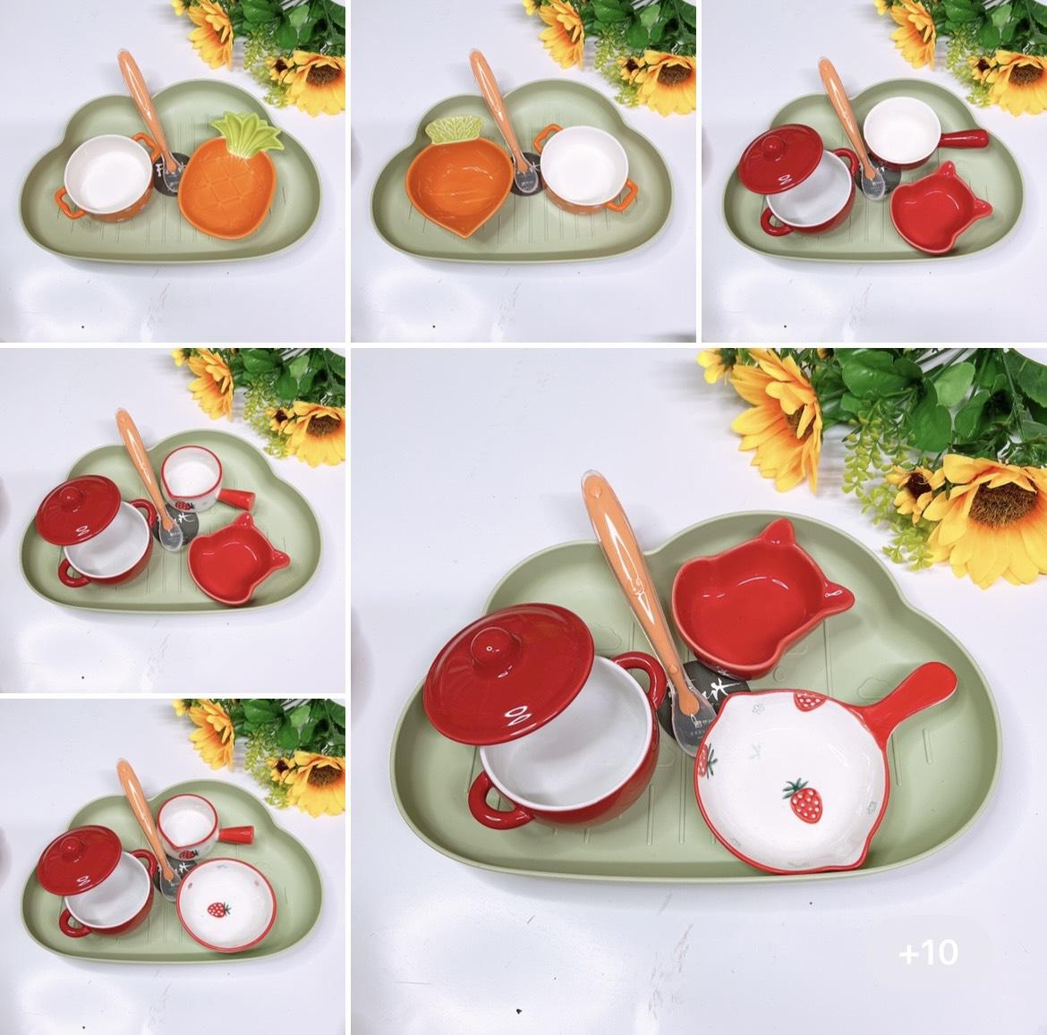 [Hoàn tiền 6%] Combo Sứ Hồng, Cam, Vàng (Gồm khay mây, thìa, bát sứ) S62