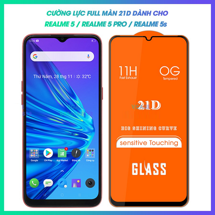 Kính Cường lực Realme 5 / Realme 5s / Realme 5 pro Full màn hình 21D độ kết dính cao