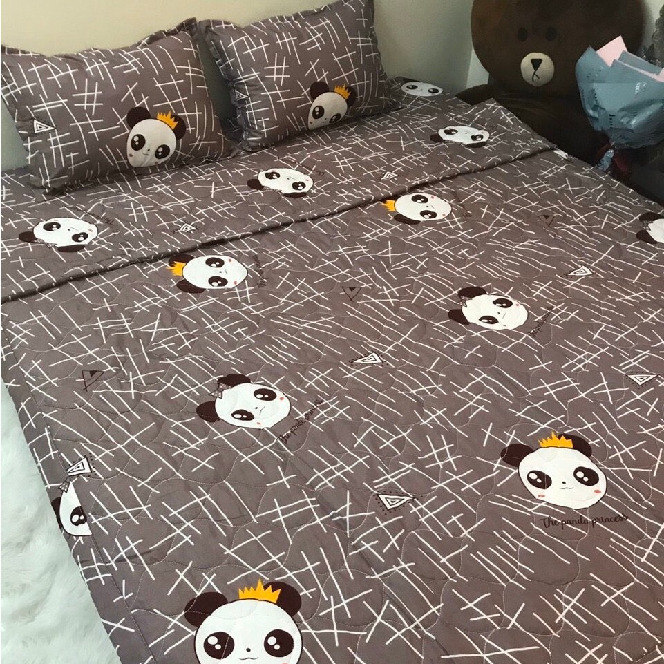 Set 4 Món Chăn Hè Trần Bông, Ga và 2 Vỏ Gối Chất Cotton Poly Mẫu GẤU TRÚC NÂU