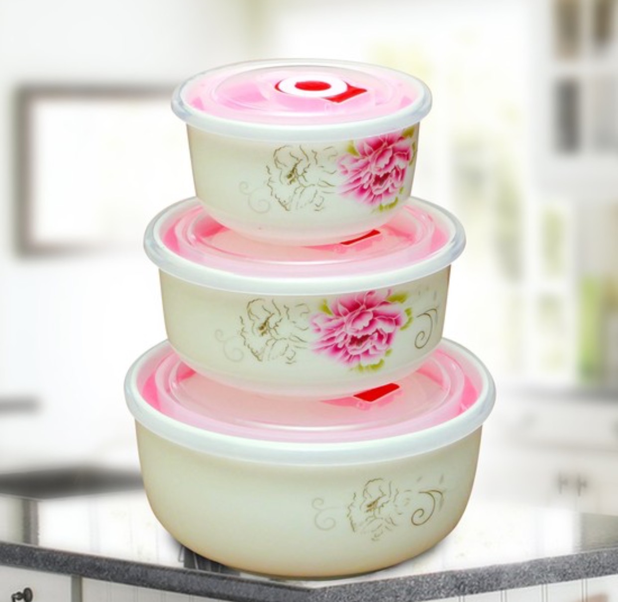 Bộ 3 bát sứ có nắp hút chân không cao cấp