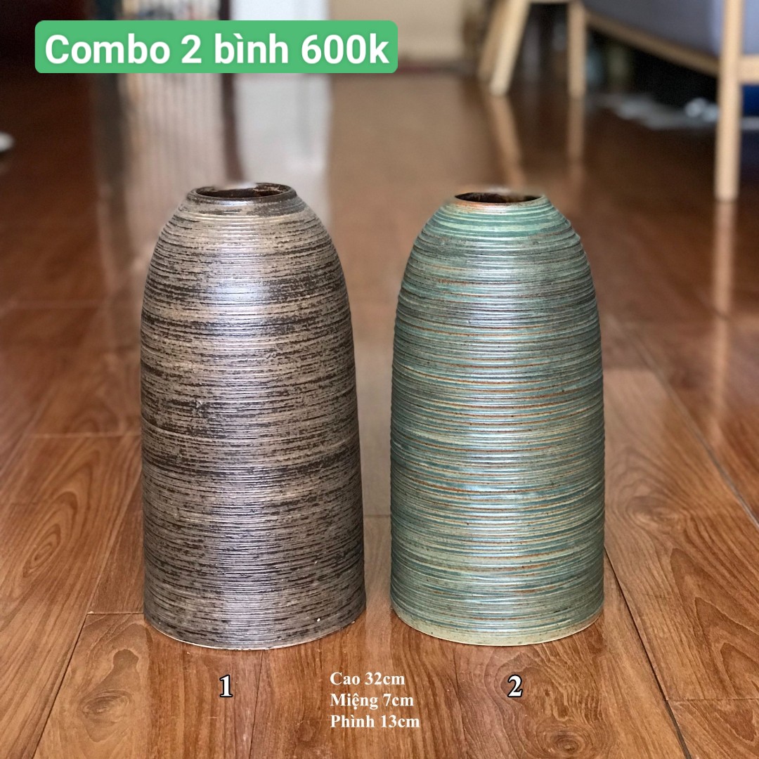 Set 2 bình hoa bát tràng dáng chuông 32cm, set bình gốm lọ gốm men mộc gth85