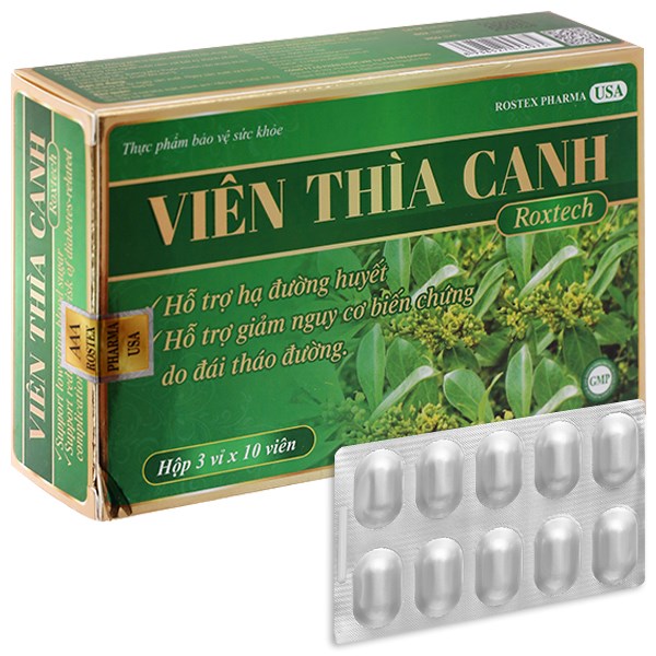 Viên Thìa Canh Roxtech - Hộp 30 viên - Dây Thìa canh 350mg - Mướp đắng - Hoa thiên phấn - Giảm đường huyết hiệu quả - Rostex