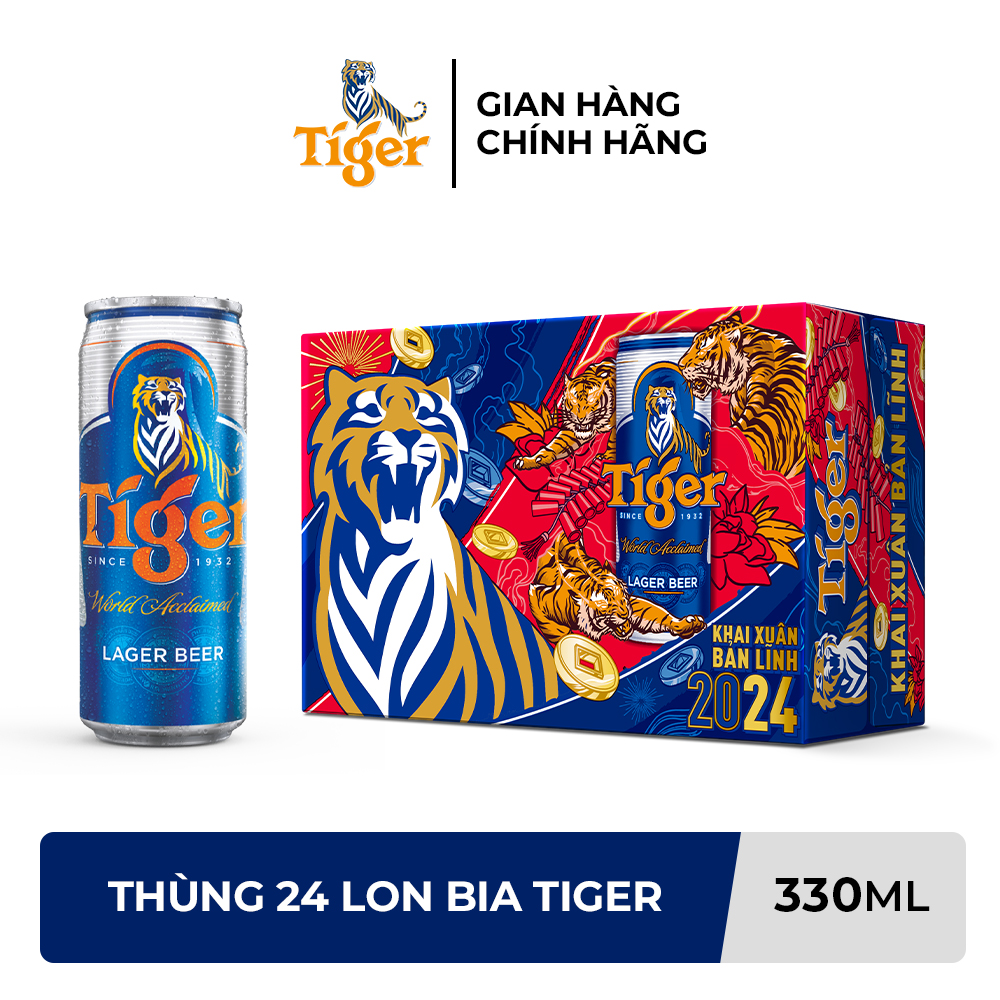 Trợ ship 30k VC 10k Thùng 24 lon bia Tiger 330ml/Lon Bao bì Xuân