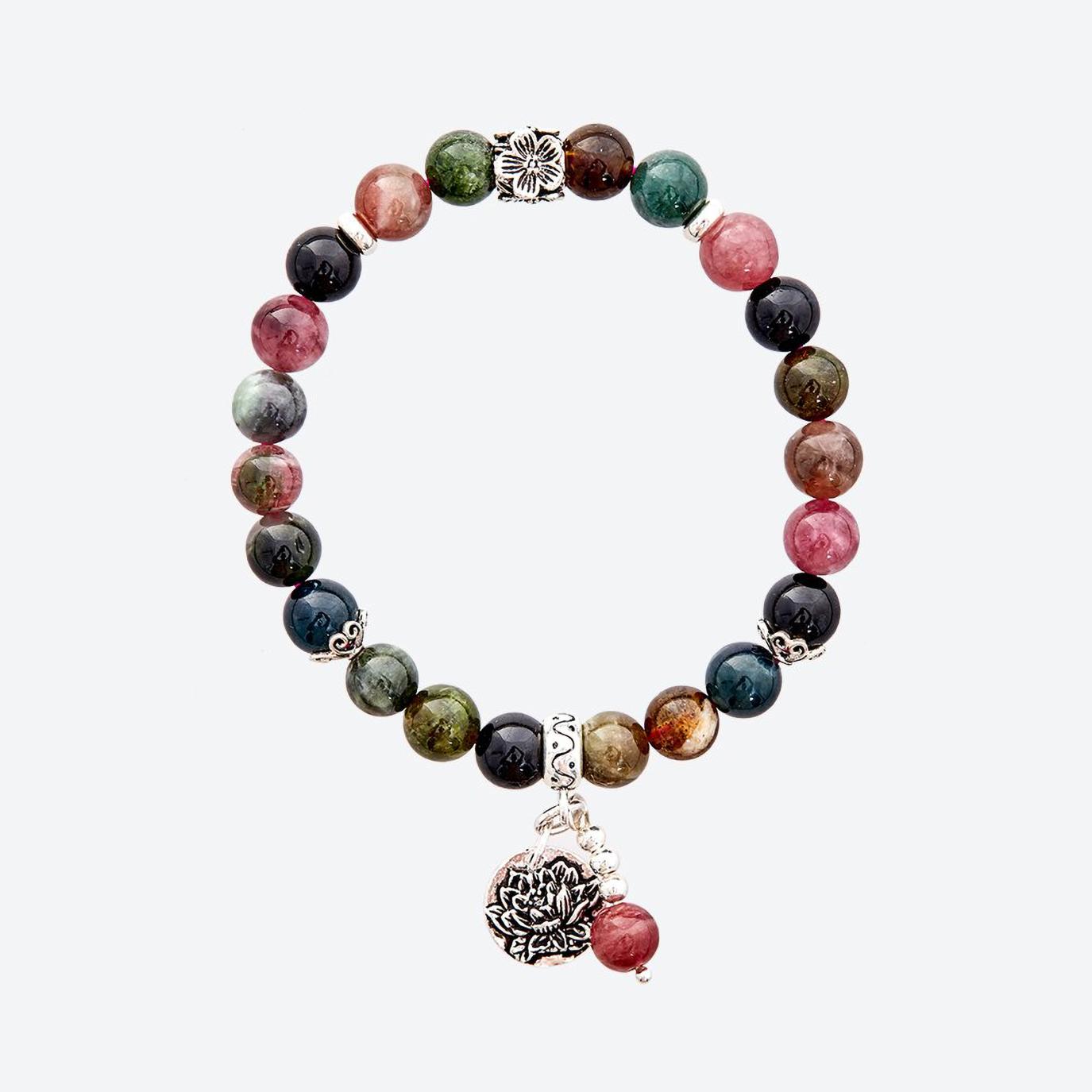 Vòng tay đá tourmaline phối charm hoa sen bạc (đa sắc) - Ngọc Quý Gemstones