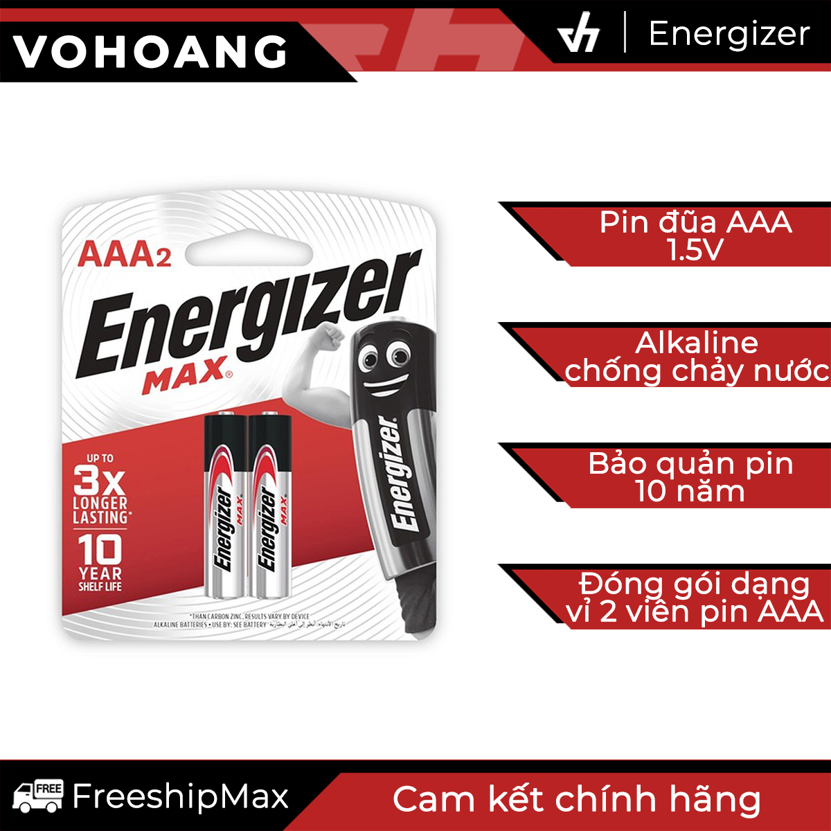 Vỉ 2 pin energizer max e92 bp2 aaa 1.5v lr03