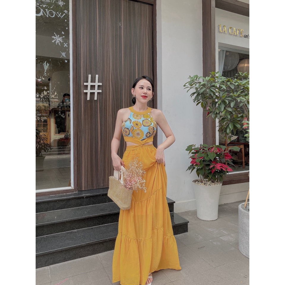 Đầm maxi đi biển phối thổ cẩm xoè