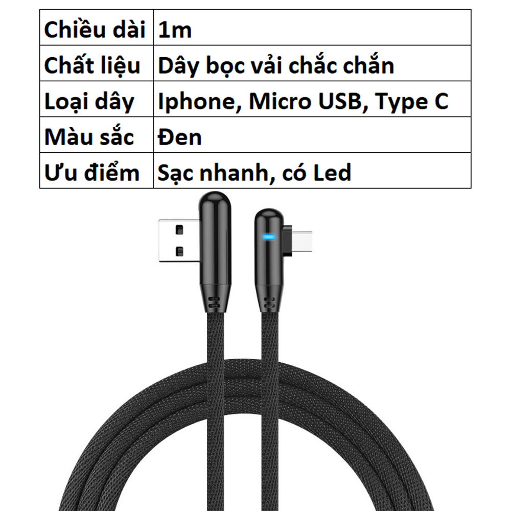 Cáp sạc nhanh có đèn Led dành cho điện thoại, dây sạc Iphone, micro USB, Type C