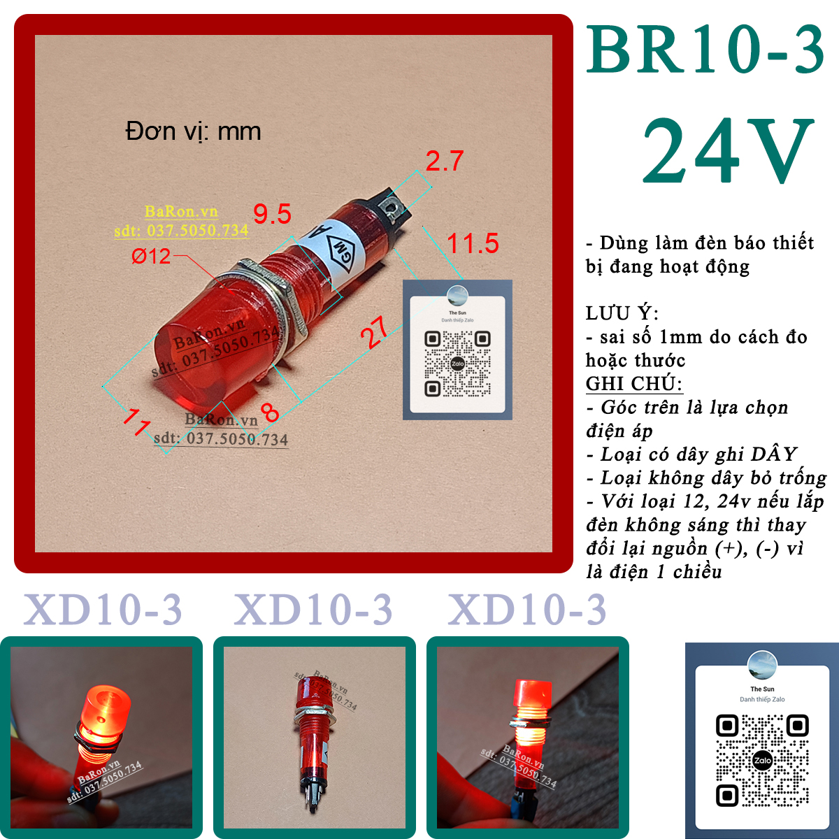 Đèn báo nguồn nhỏ XD10 phi 10mm 12v 24v 220v