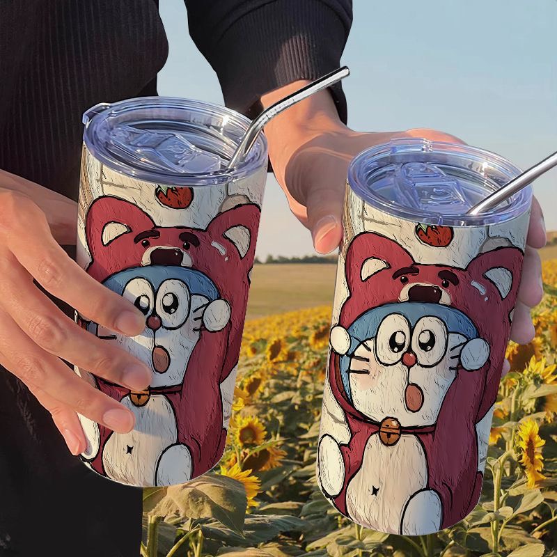 [ 600ml ] Ly giữ nhiệt Doraemon Gấu dâu Lotso inox 304 an toàn chống gỉ cao cấp, Bình giữ nhiệt inox 304 gấu dâu  Doremon  tặng kèm ống hút cao cấp