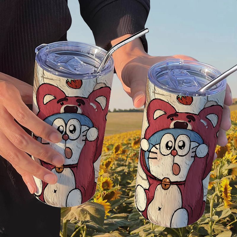 Ly giữ nhiệt Doraemon Gấu dâu Lotso inox 304 an toàn chống gỉ cao cấp, Bình giữ nhiệt inox 304 gấu dâu Doremon tặng kèm ống hút cao cấp