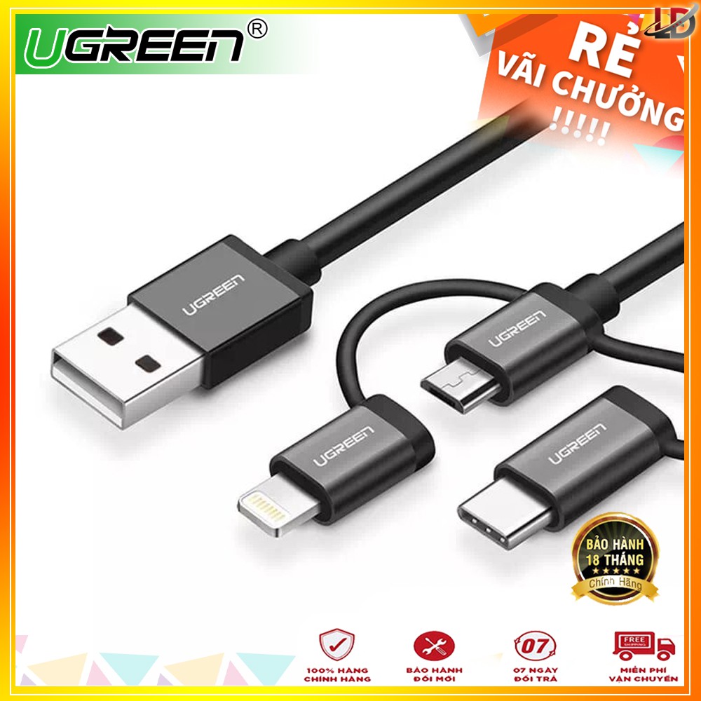 Cáp sạc (3 in 1) dài 05m Ugreen 30783 Micro USB USB Type C Lightning - hàng chính hãng