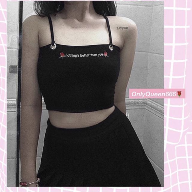 [HCM]Áo 2 dây croptop thêu chữ ( có mút ngực )