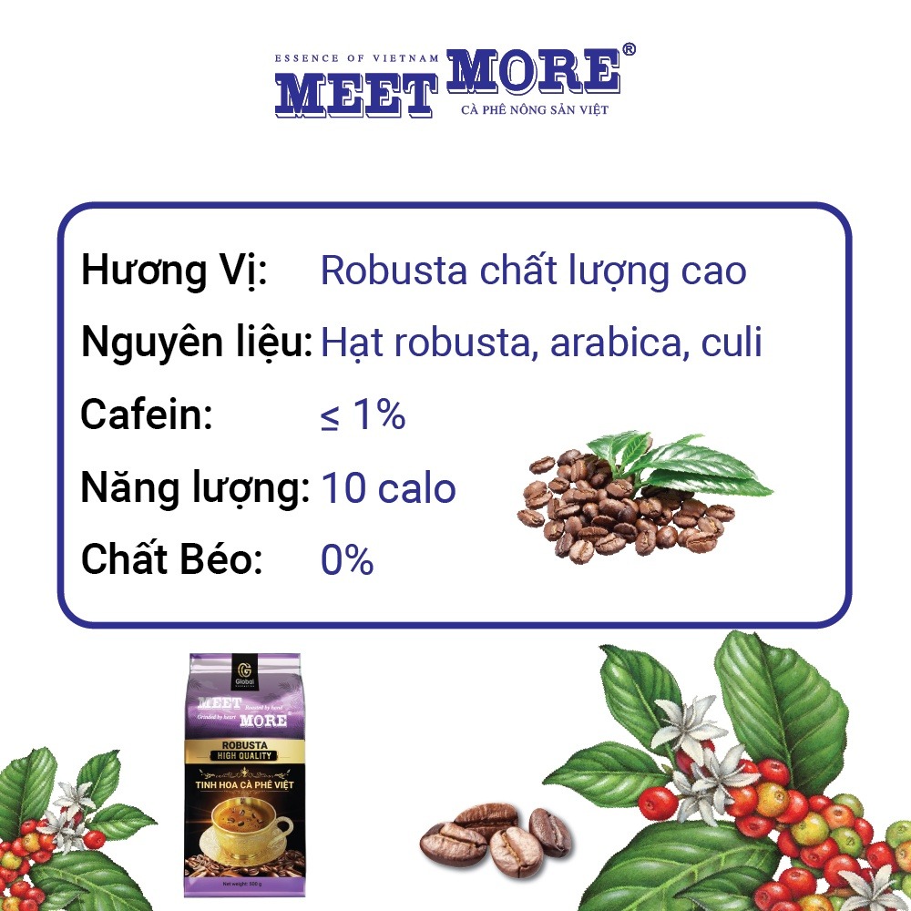 Bịch cà phê rang xay Robusta chất lượng cao Meet More 500g