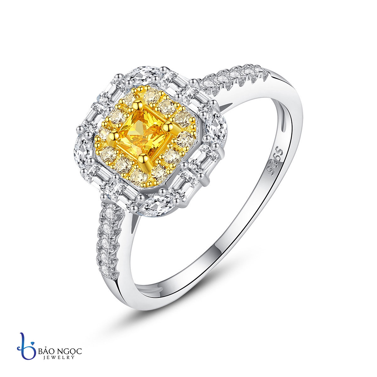 Nhẫn bạc kim cương nhân tạo moissanite ánh vàng - nhẫn đeo tay nữ trang bạc xi vàng trắng cao cấp - n2789 - bảo ngọc jewelry