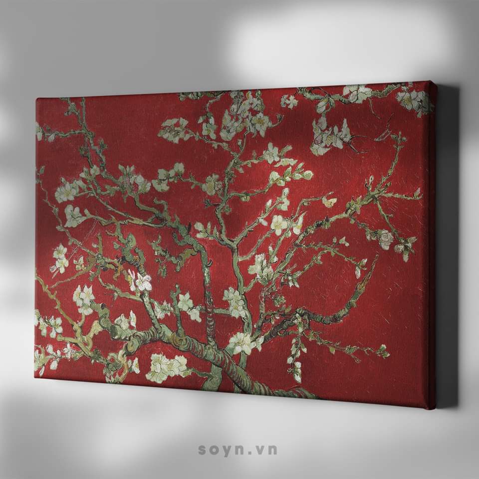 Tranh treo tường Cotton Canvas Hoa đào Van Gogh, căng khung gỗ thông tràn cạnh, Soyn SVG01