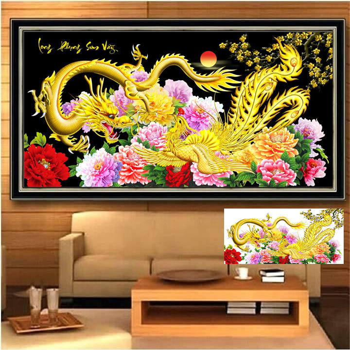Tranh đính đá Long phụng sum vầy nền đen 120x60 cm