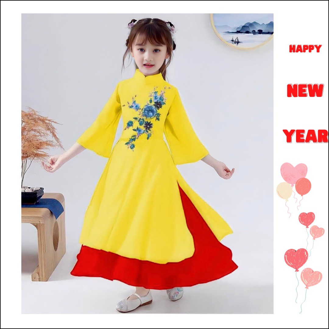 Áo dài Tết bé gái kiểu dáng cách tân tay xòe lửng phối váy chất lụa Hàn mềm mịn mát cho bé 8kg đến 17kg