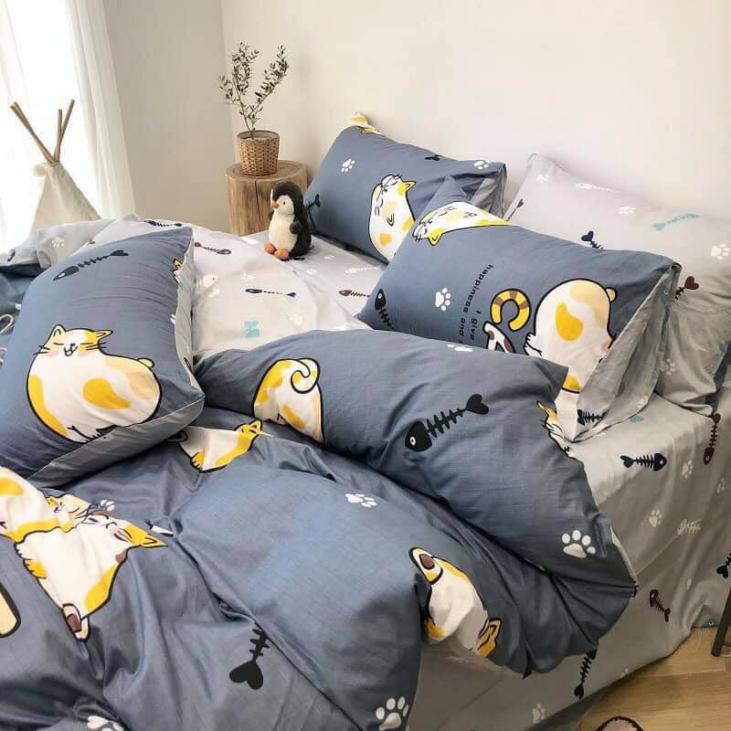 Bộ Chăn Ga Gối Mèo Ú Cotton Poly
