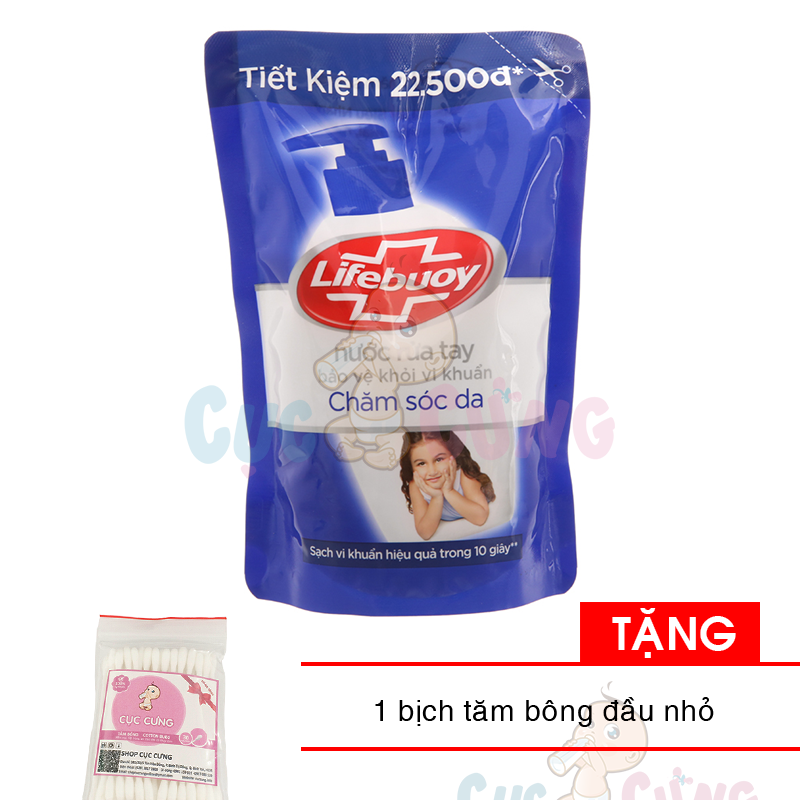 Nước rửa tay LifeBuoy Xanh chăm sóc da bảo vệ vượt trội diệt 99,9% vi khuẩn túi 450ml Tặng 1 bịch tăm bông đầu nhỏ