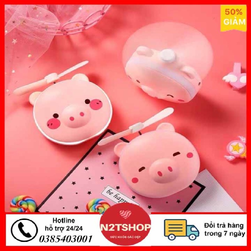 Quạt mini cầm tay, quạt mini có đèn LED kèm gương 3 trong 1 hình con lợn hồng dễ thương