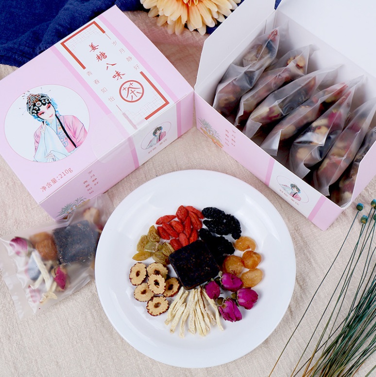 Trà bát bảo gừng đường đỏ 7 gói 210gr - đường đen Vân Nam, táo tàu, gừng, hoa hồng, kỷ tử, dâu tằm, long nhãn, nho khô - Trà hoa giảm đau bụng ngày đèn đỏ ngày dâu kinh nguyệt phụ nữ, giữ ấm cơ thể ngày đông giá lạnh