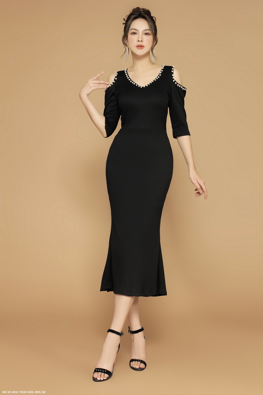 MyDu Shop MS 2618 | Đầm Dự Tiệc Thun Ôm Lai Loe Khoét Vai Kết Hạt Ngọc Sang Trọng