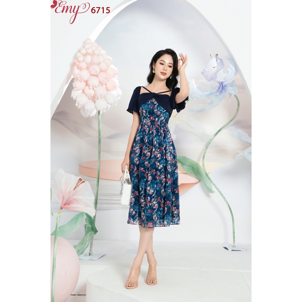 Đầm EMY EM6715 Xoè Midi Cổ Phối Dây