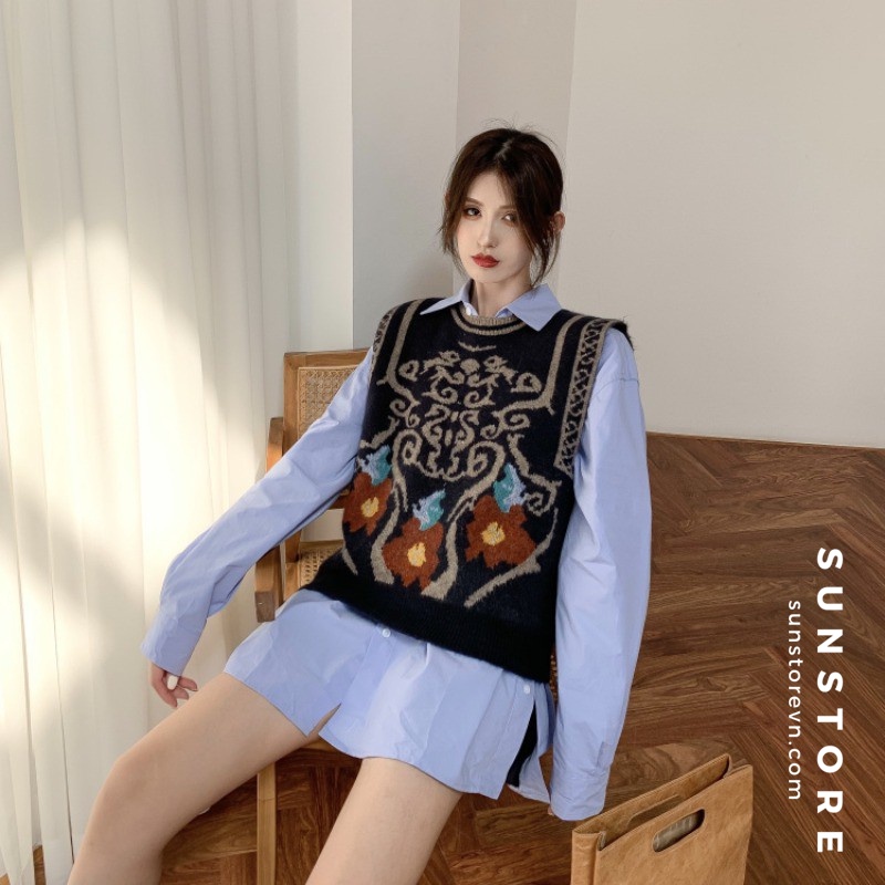 Áo gile chất len họa tiết thổ cẩm Ulzzang - Sunstore.vn
