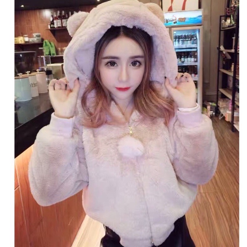 Áo khoác mùa đông nữ tai gấu quả bông siêu xinh