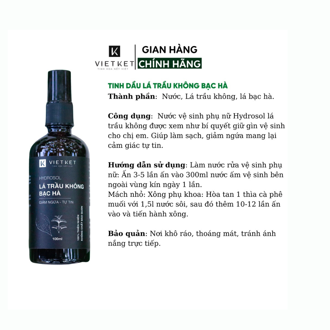(Vietket) Hydrosol trầu không Vietket (Nước cất trầu không) Giảm ngứa, se khít vùng kín, khử mùi hôi hiệu quả Chai thuỷ tinh 100ml Koshka Home