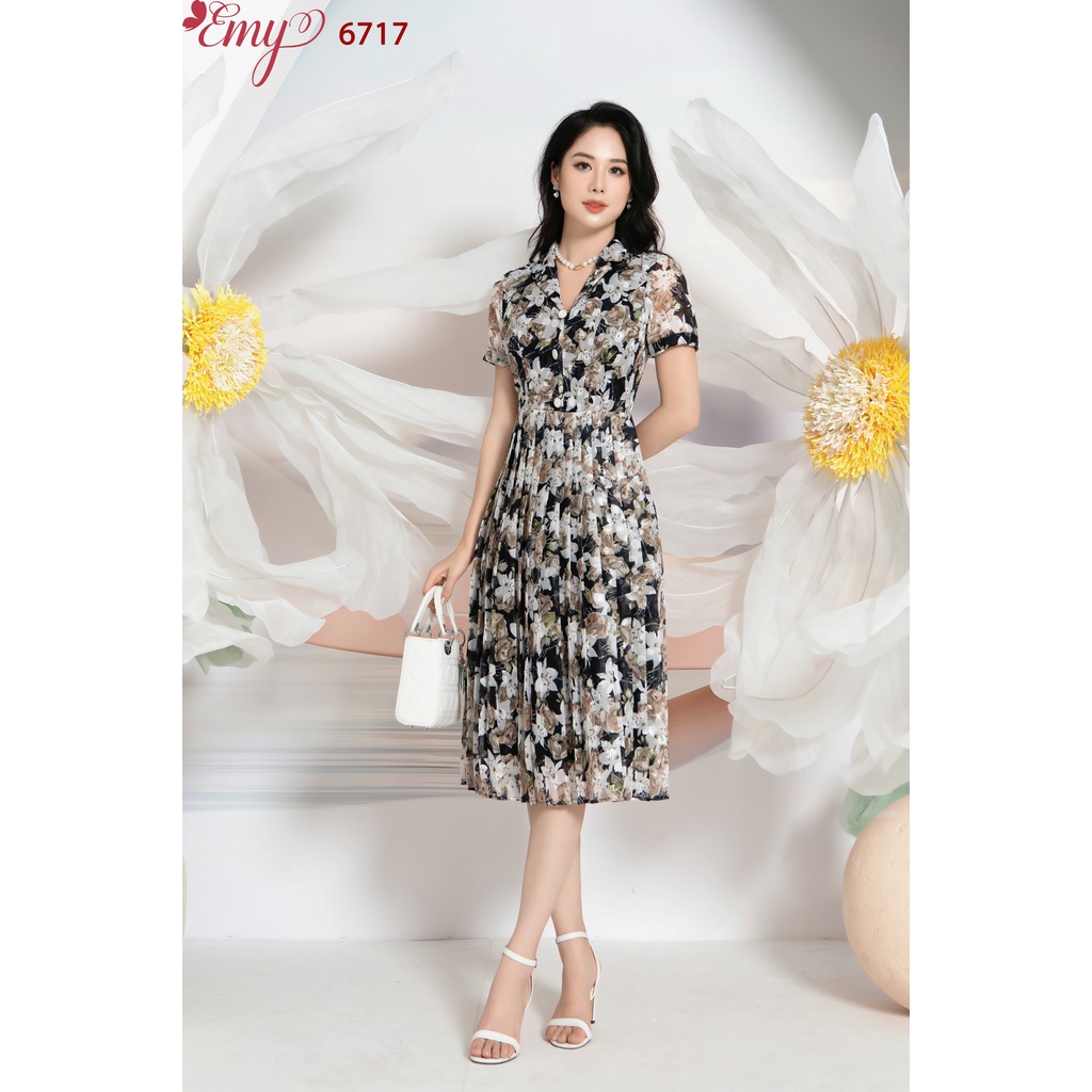 Đầm EMY EM6717 Xoè Dập PLy Cổ V Kết Nút