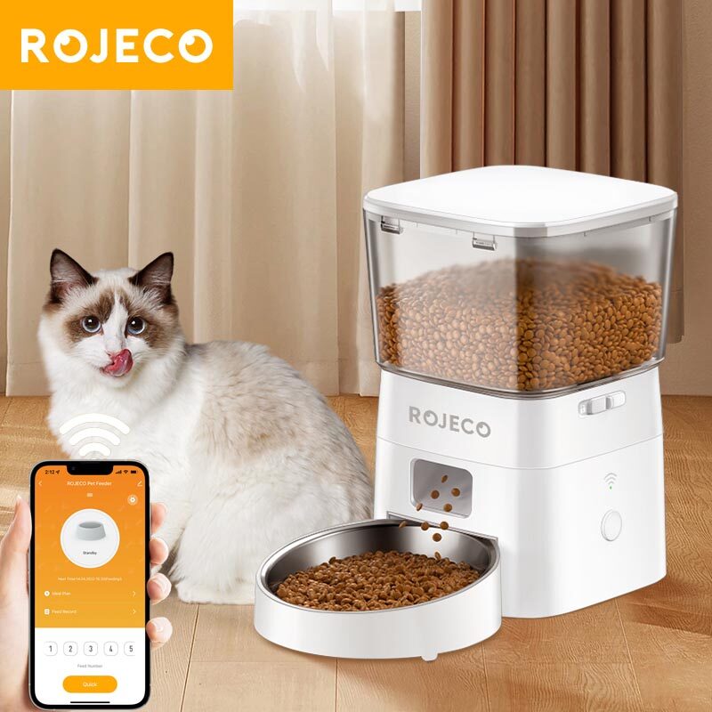 ROJECO Automatic Cat Feeder Pet Smart Cat Food Kibble Dispenser Button Version Smart Control Auto Feeder For Cat Dog Accessories