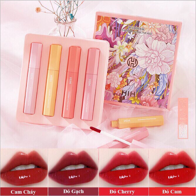 Set 4 Son Kem Mềm Mịn HIH CHARMING ATTRACTIVE KISS Hàng nội địa Trung - Set 4 Son Kem Bóng Mịn Lì SMOOTH MOISTURE  Chất son lì mềm mại, lướt nhẹ trên môi, lên màu cực chuẩn ngay từ lần đầu