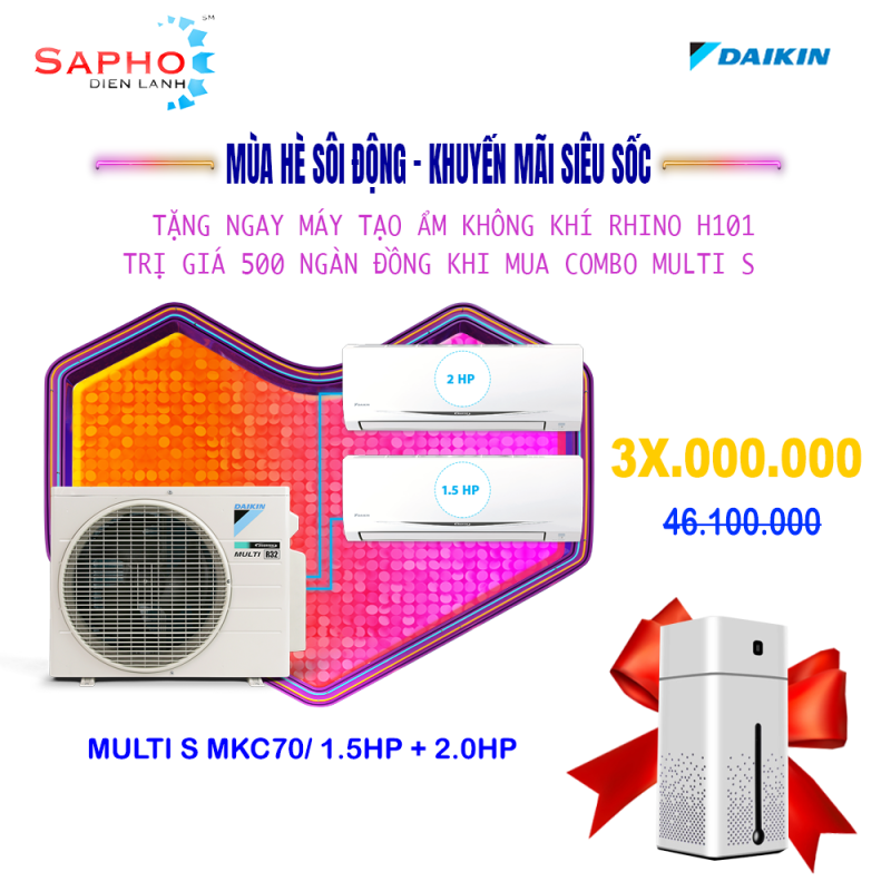 Hệ Thống Máy lạnh Multi S Inverter MKC70SVMV/1.5HP+2.0HP 1 Dàn Nóng 2 Dàn Lạnh Treo Tường Gas R32 Chính hãng Daikin Thái Lan Sản Xuất 2021