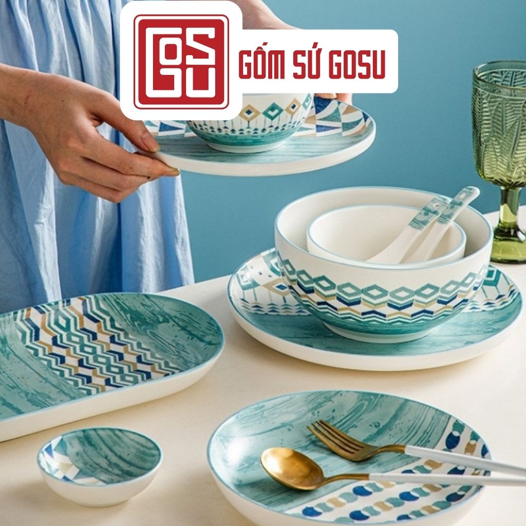 Bộ chén đĩa cao cấp, bát đĩa xanh đại dương