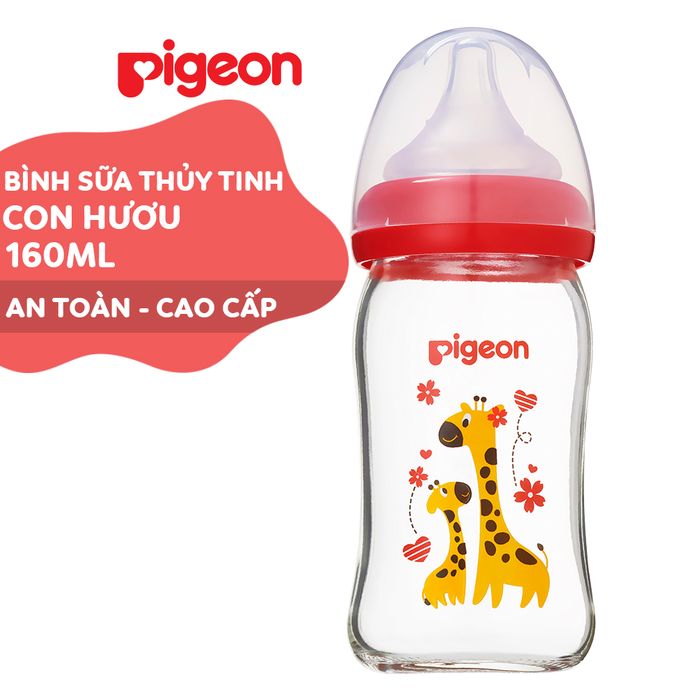 Bình sữa cổ rộng thuỷ tinh Plus Pigeon 160ml - Hươu Cao Cổ SS