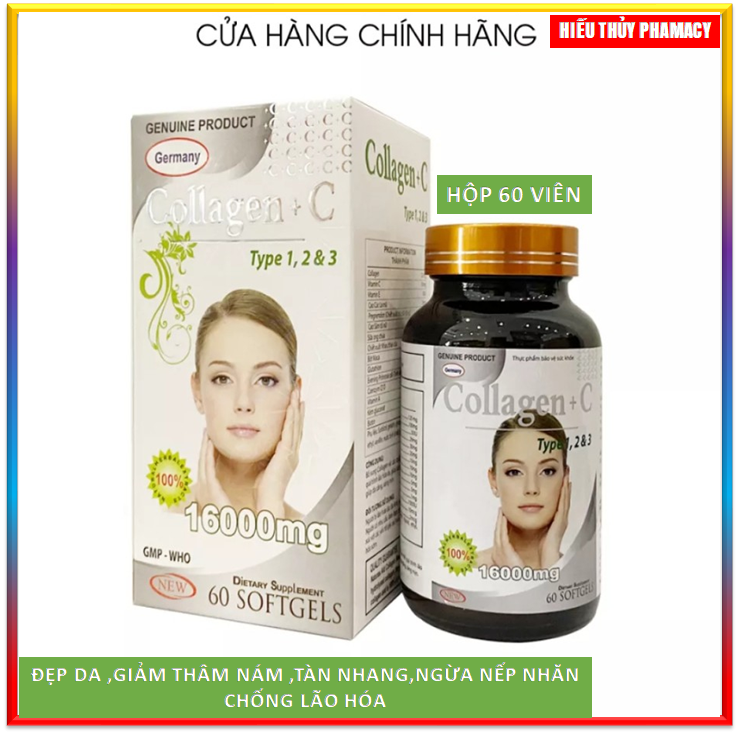 Viên uống đẹp da Collagen +C Type 123 giảm thâm nám tàn nhang, ngừa nếp nhăn, chống lão hóa - Hộp 60 viên