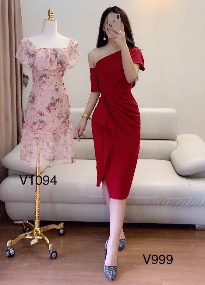 Đầm Nữ ( Váy Nữ ) Dự Tiệc Lệch Vai Xếp Bèo Thời Trang Bambo