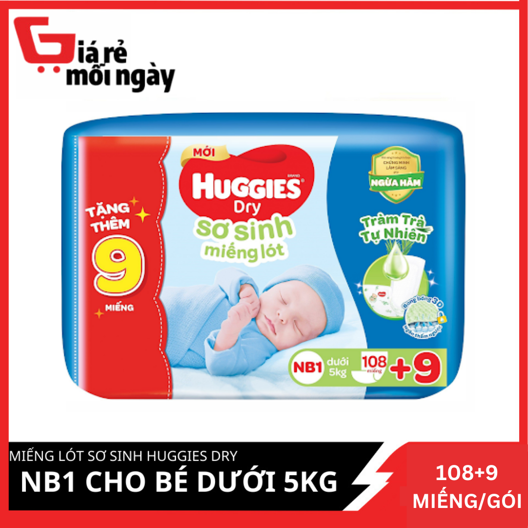 Miếng Lót Sơ Sinh Huggies Dry Size NB1 Gói 108+9 Miếng (Cho Bé Dưới 5KG)