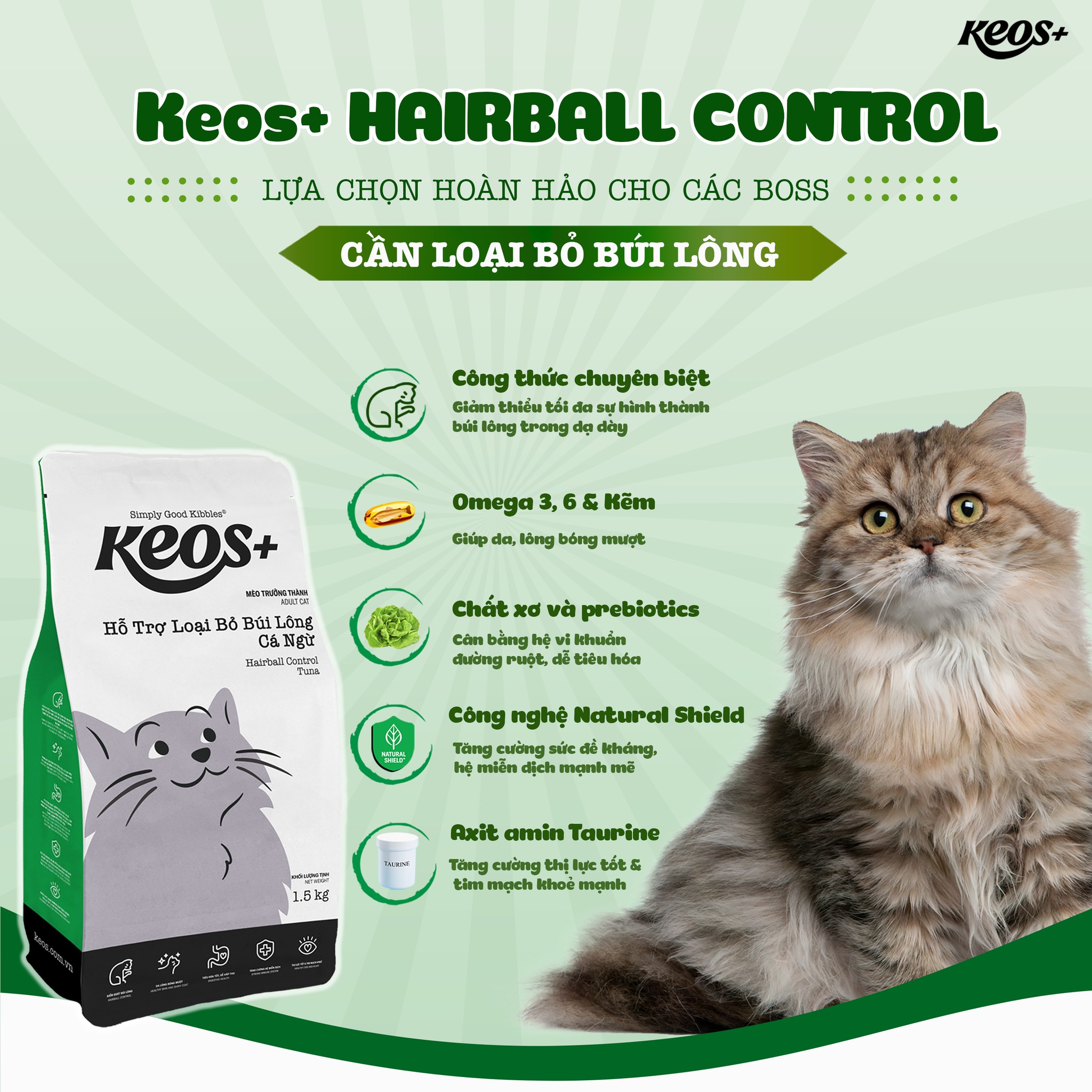Keos adult cat Hairballcontrol, Urinary care 350g Thức ăn hạt khô cho mèo giúp tiêu búi lông, hỗ trợ tiết niệu